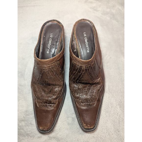 Vintage Liz Claiborne Brown Leather Mules Square Toe Basket Weave Womens 7.5 - Picture 2 of 9